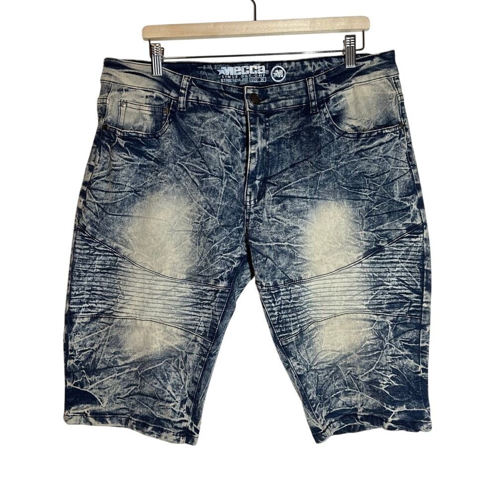 Mecca Stretch Fit Denim Men's Moto Shorts Sz 36 Biker Acid Wash Distressed Blue